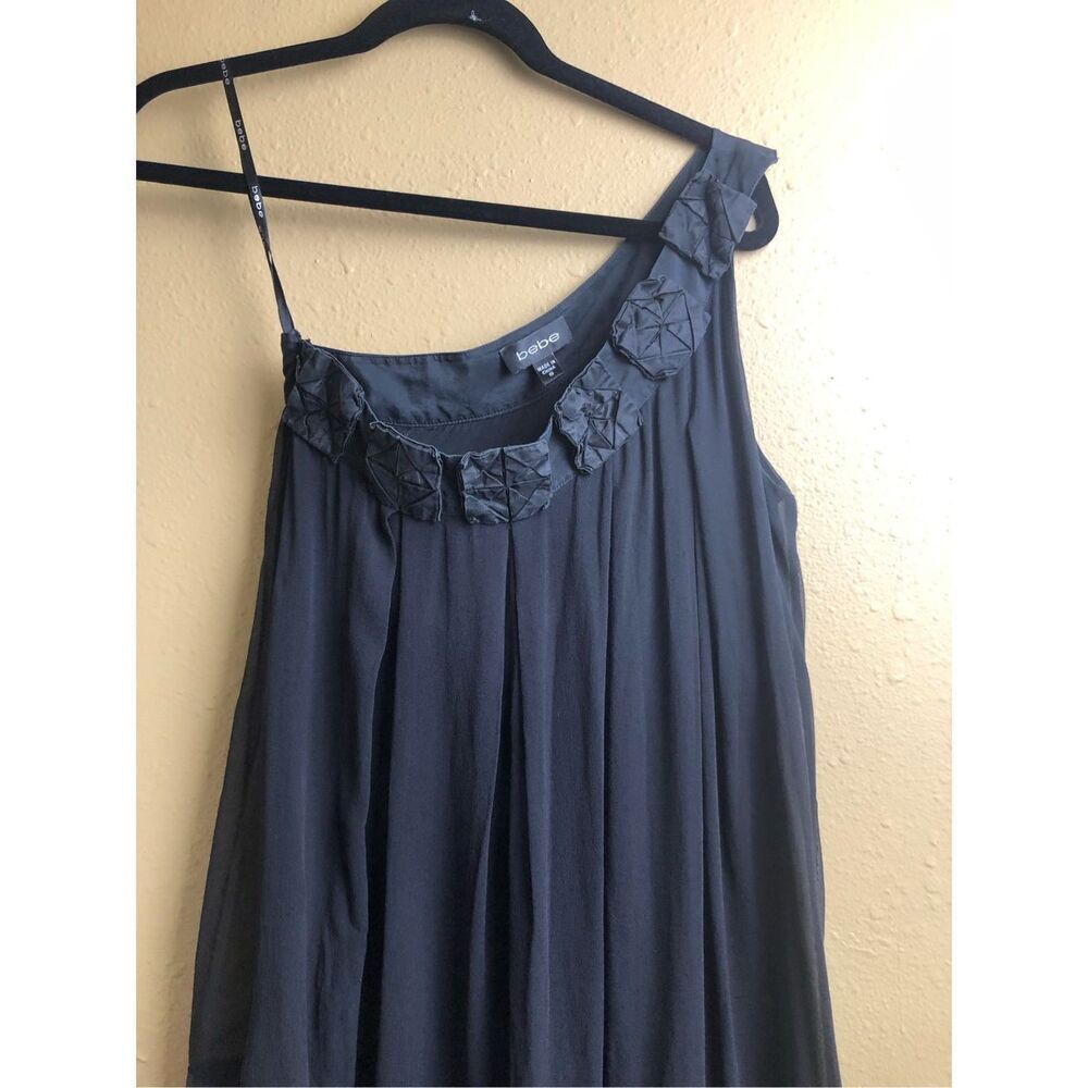 Bebe Black Silk One Shoulder Dress Embellished Neck Size S - Picture 3 of 11
